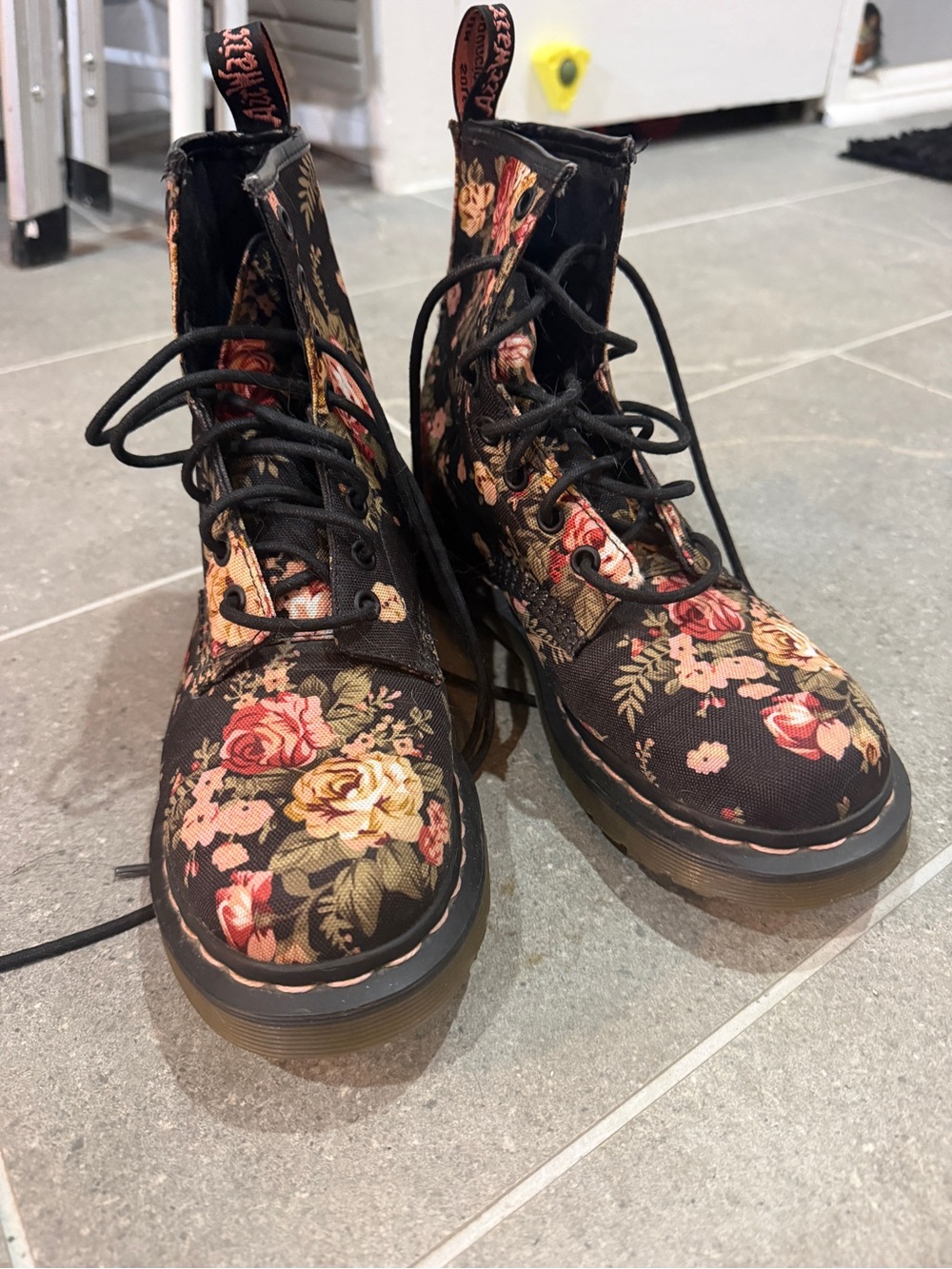 Airwalk Black Floral Lace-Up Combat Boots with Pink & Cream Roses